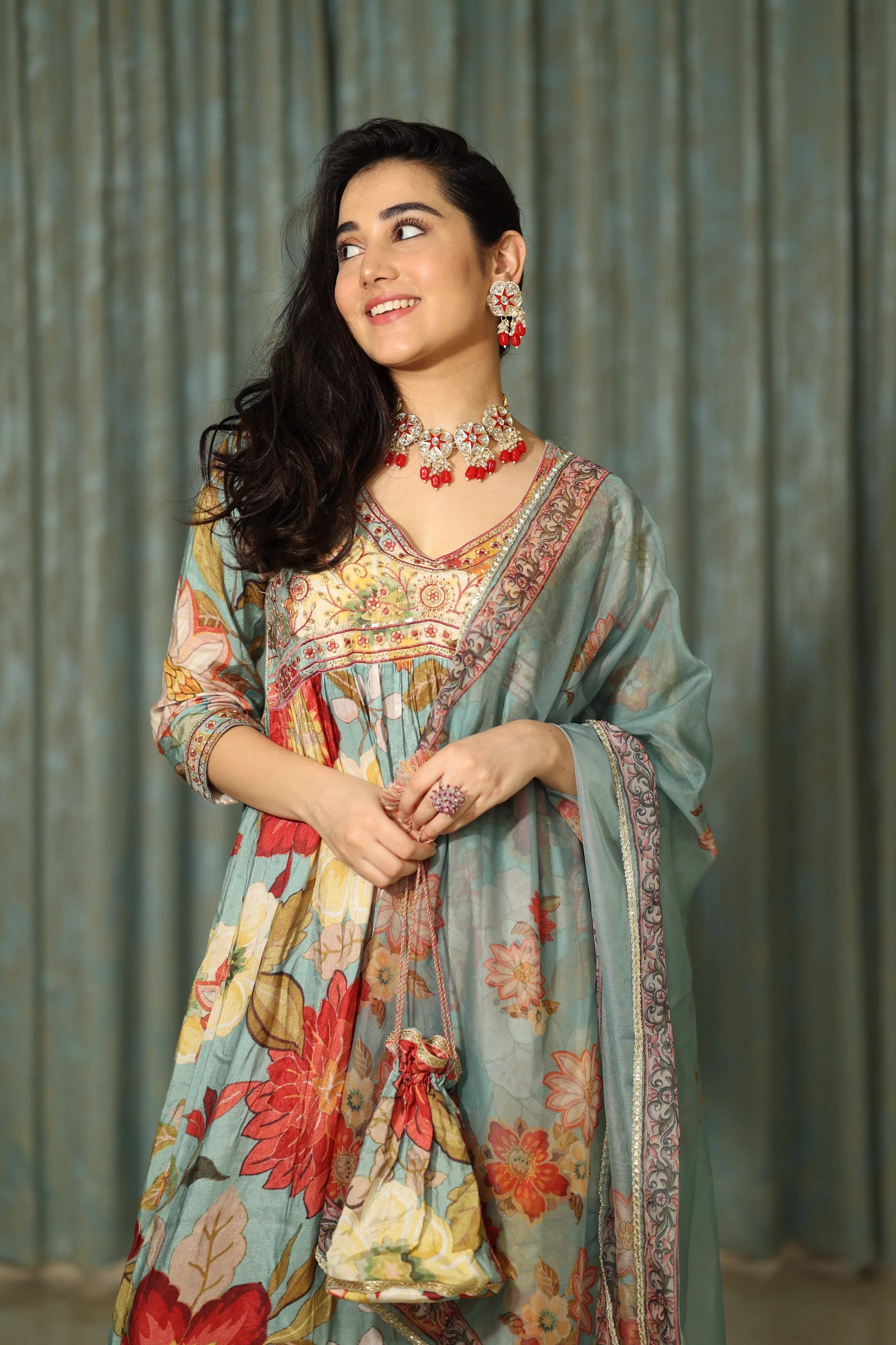 Womens Viscose Muslin Multicolor Alia Cut A-line Kurta Pant and Dupatta With Fancy Potli Set