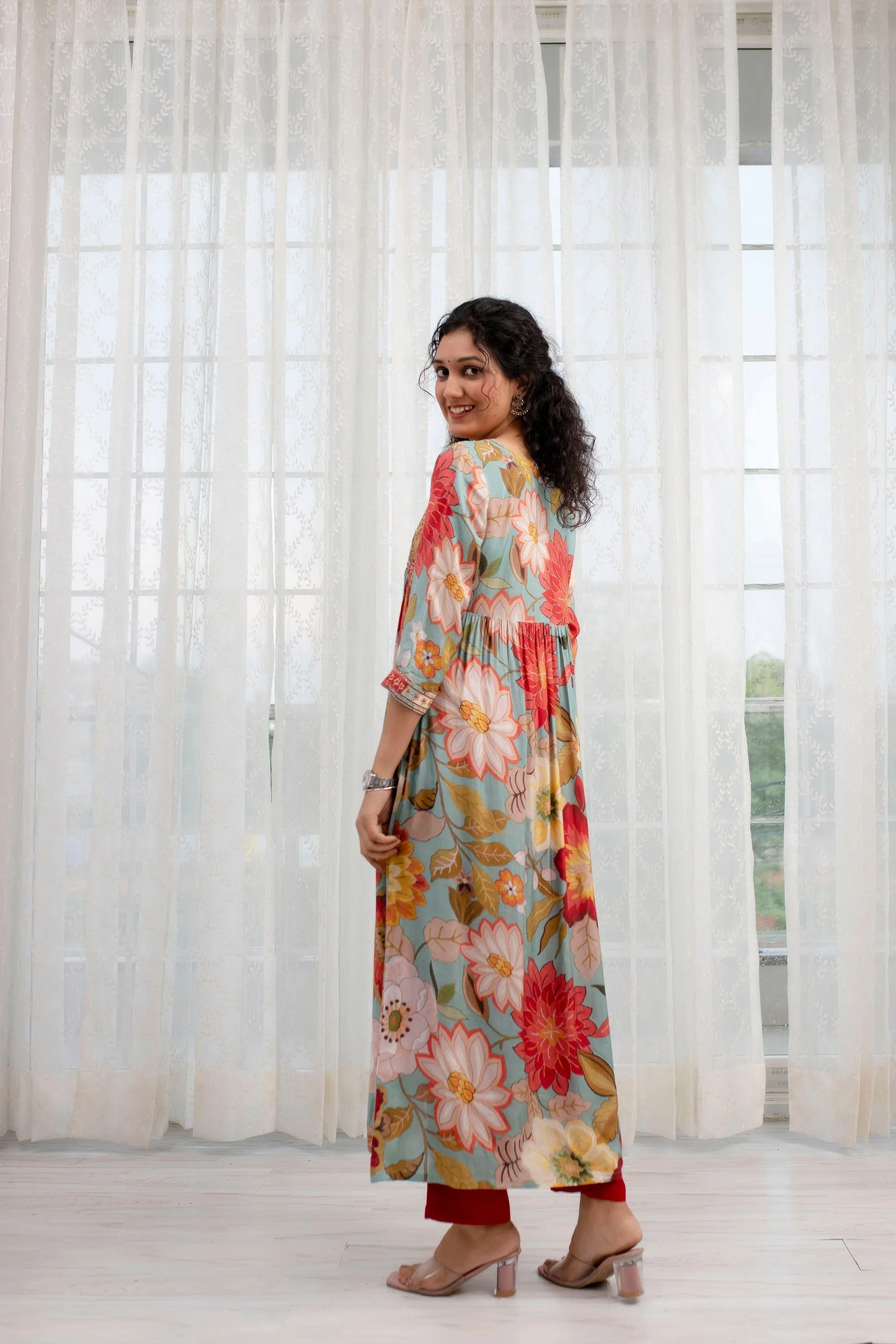 Womens Viscose Muslin Multicolor Alia Cut A-line Kurta Pant and Dupatta With Fancy Potli Set