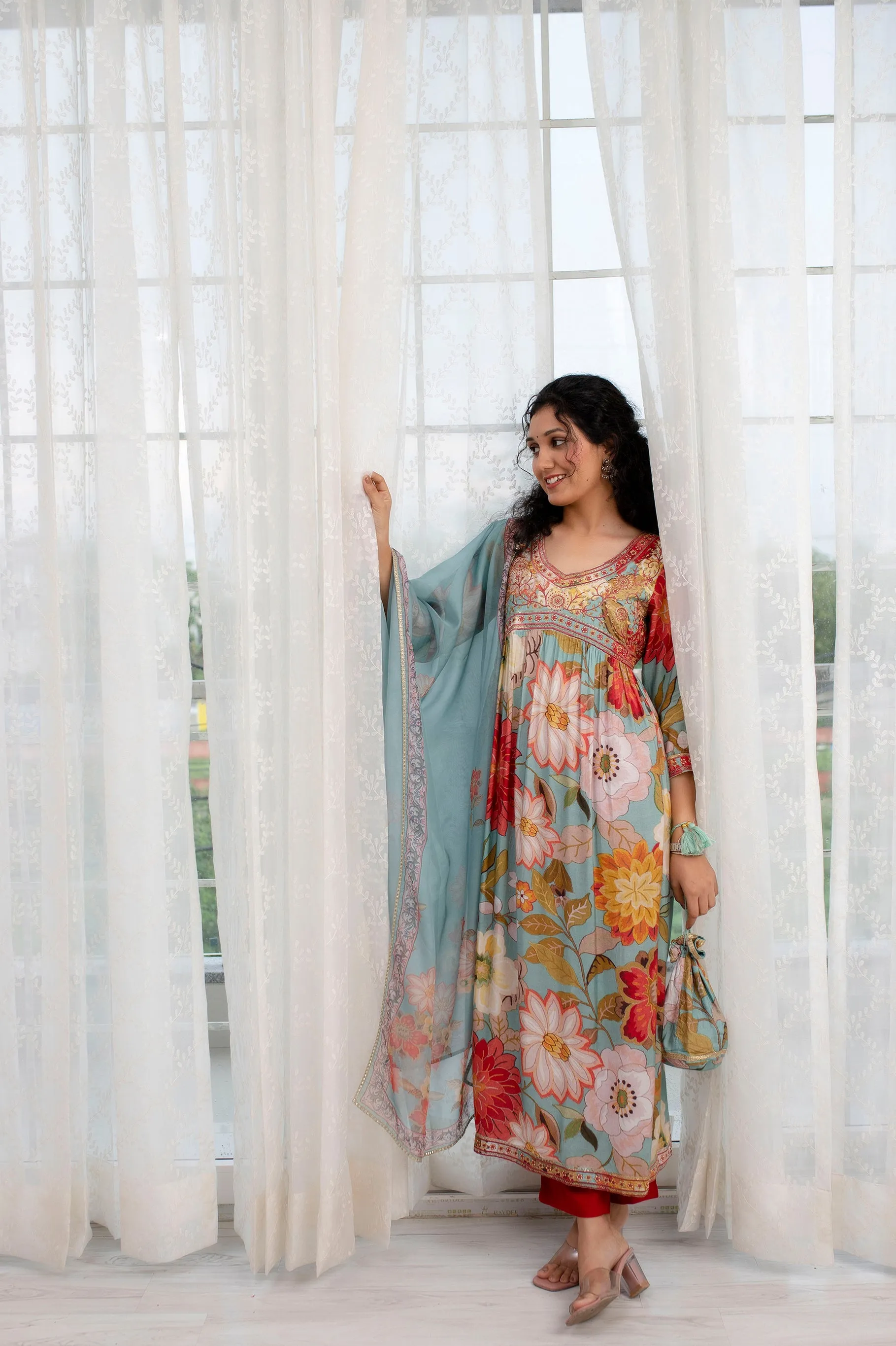 Womens Viscose Muslin Multicolor Alia Cut A-line Kurta Pant and Dupatta With Fancy Potli Set