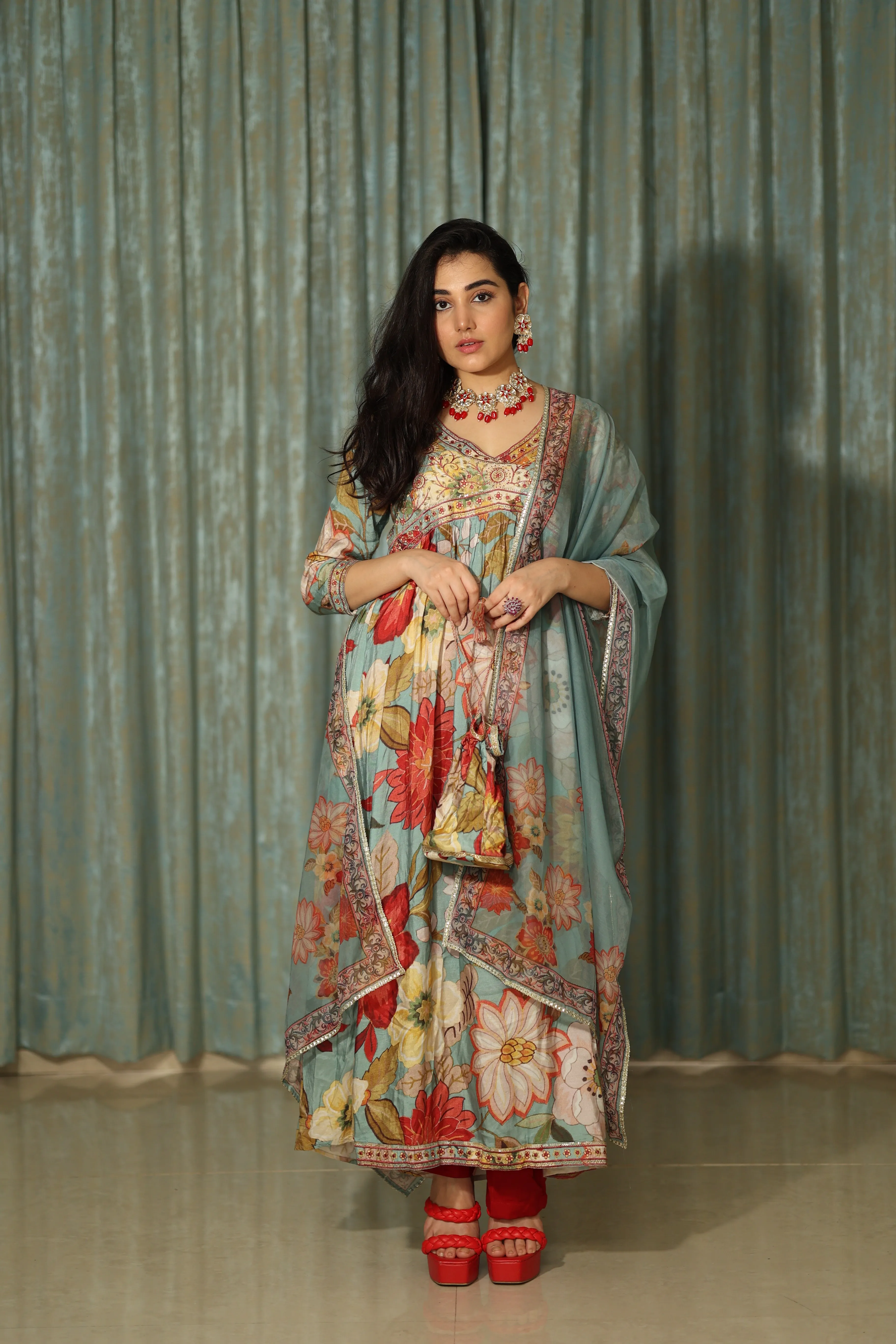 Womens Viscose Muslin Multicolor Alia Cut A-line Kurta Pant and Dupatta With Fancy Potli Set
