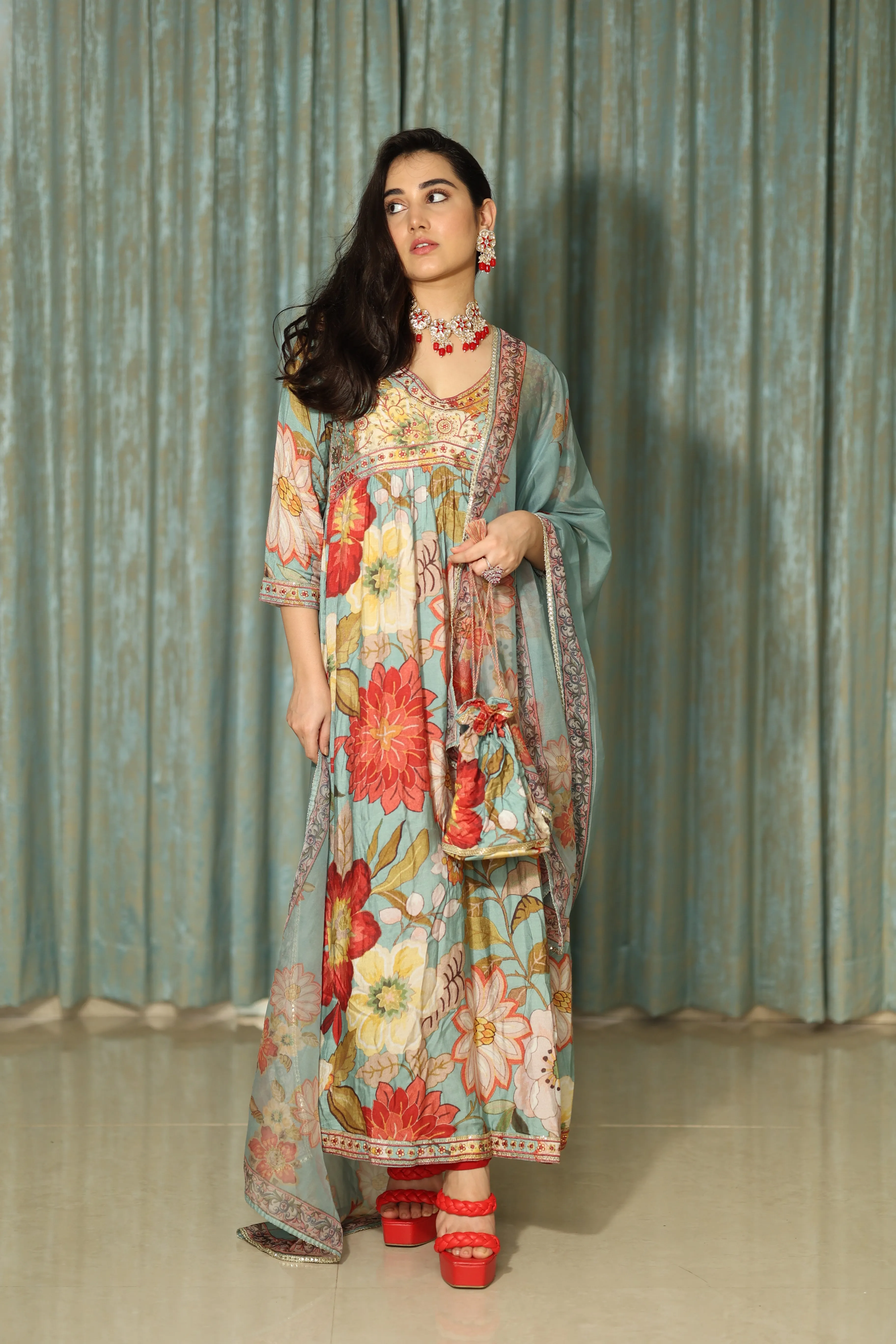 Womens Viscose Muslin Multicolor Alia Cut A-line Kurta Pant and Dupatta With Fancy Potli Set