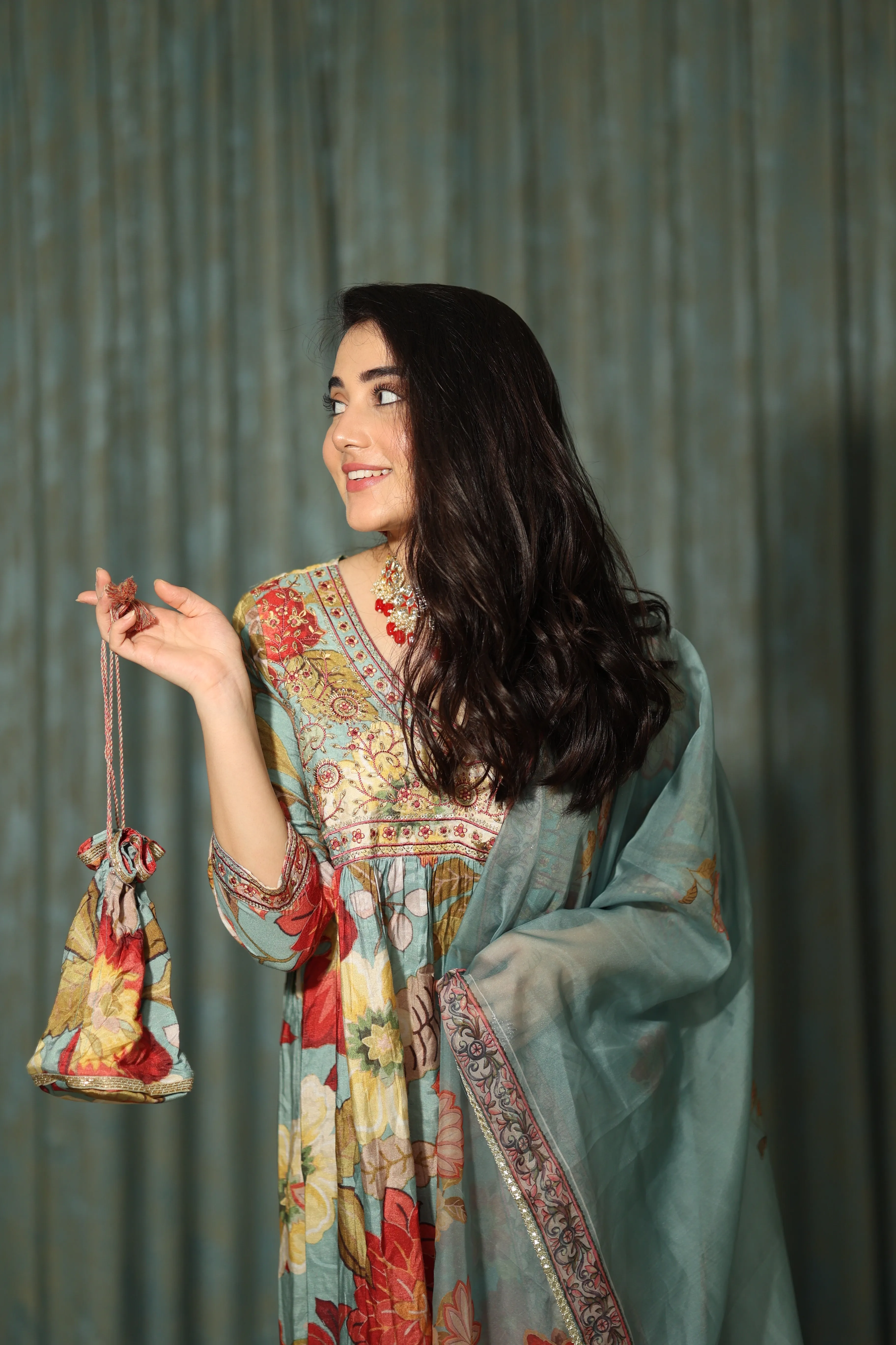 Womens Viscose Muslin Multicolor Alia Cut A-line Kurta Pant and Dupatta With Fancy Potli Set