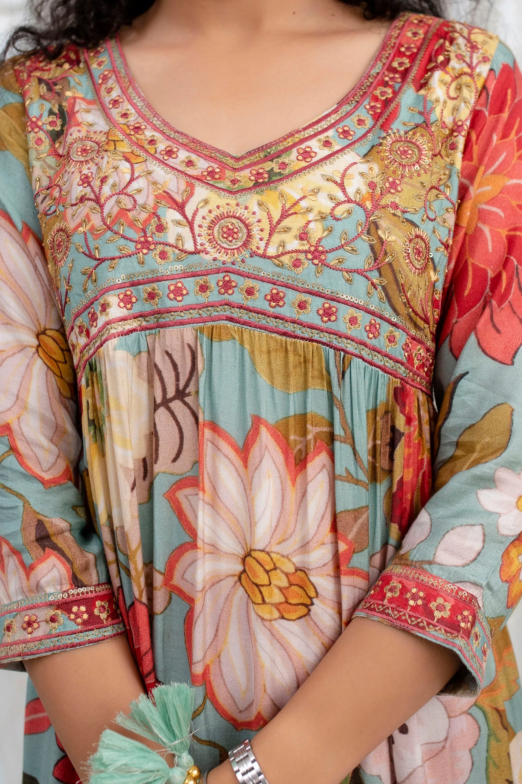 Womens Viscose Muslin Multicolor Alia Cut A-line Kurta Pant and Dupatta With Fancy Potli Set