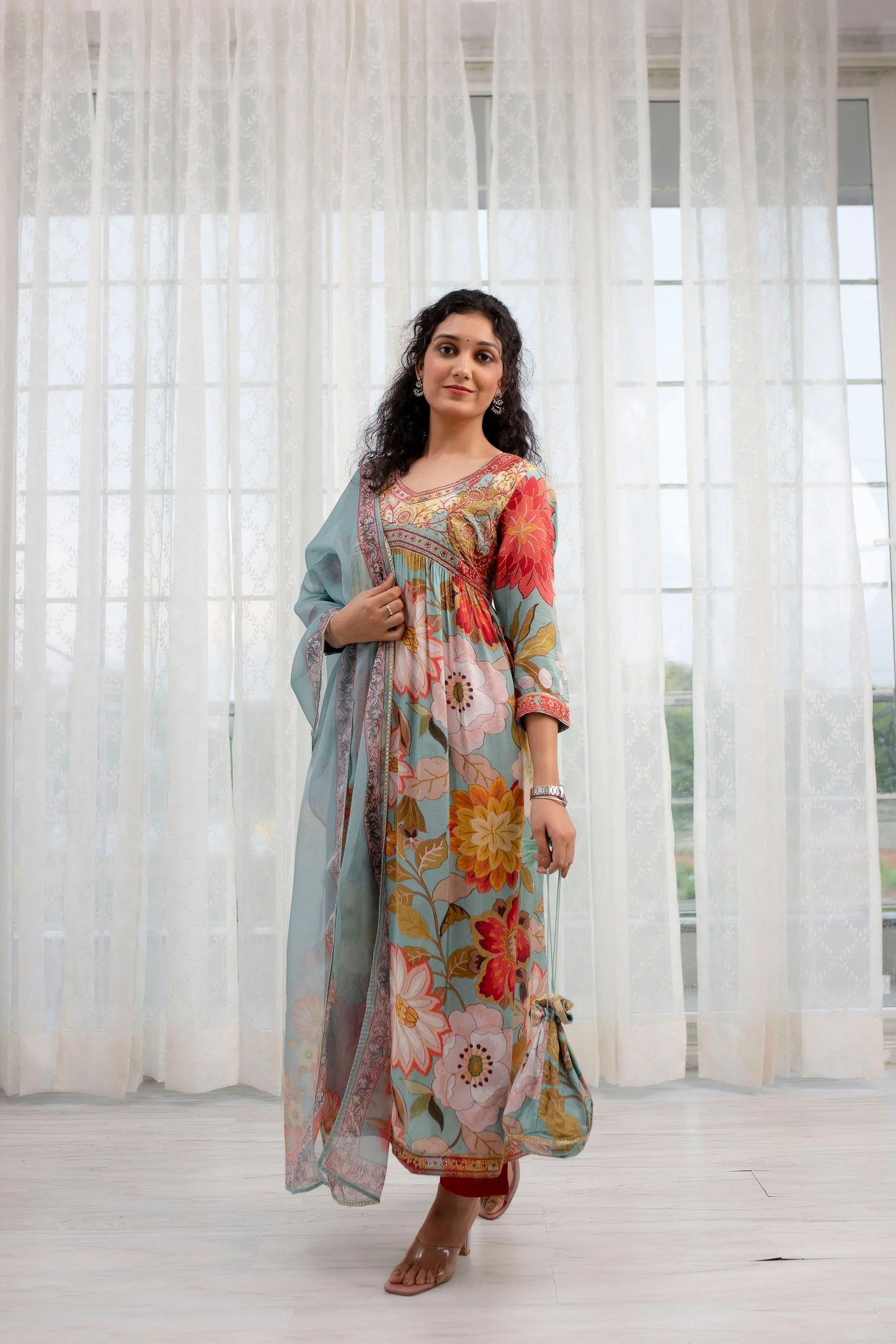 Womens Viscose Muslin Multicolor Alia Cut A-line Kurta Pant and Dupatta With Fancy Potli Set