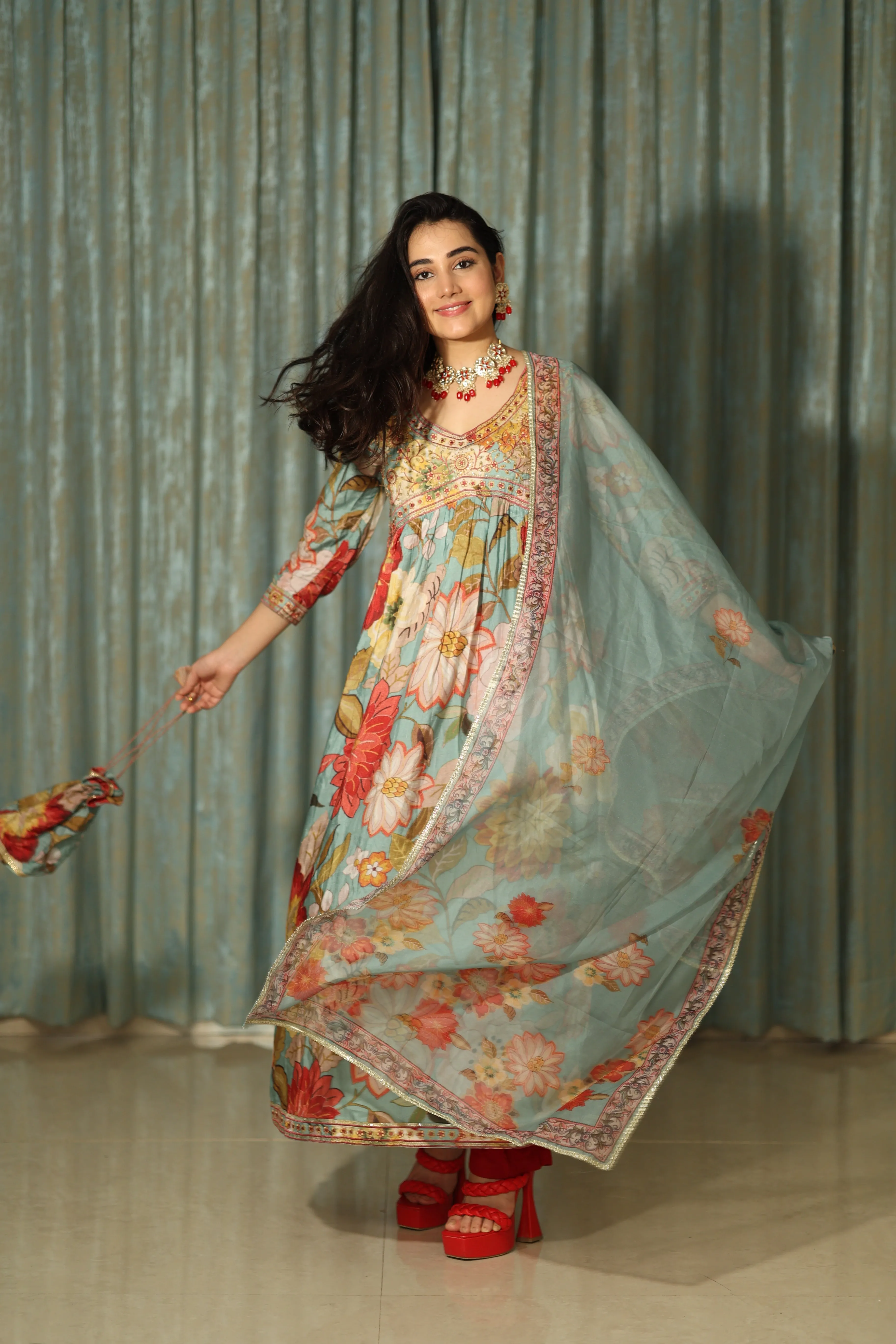 Womens Viscose Muslin Multicolor Alia Cut A-line Kurta Pant and Dupatta With Fancy Potli Set