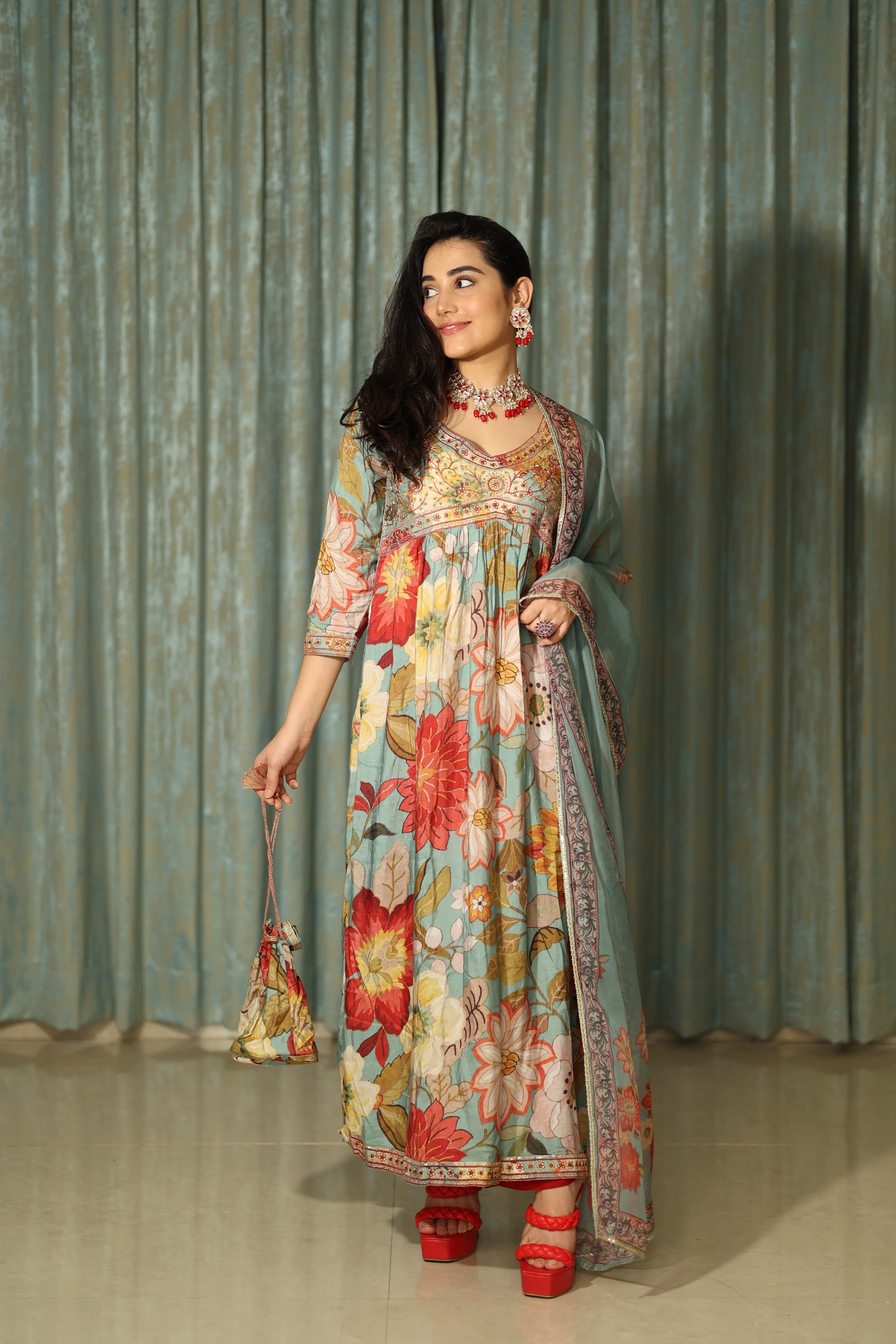 Womens Viscose Muslin Multicolor Alia Cut A-line Kurta Pant and Dupatta With Fancy Potli Set