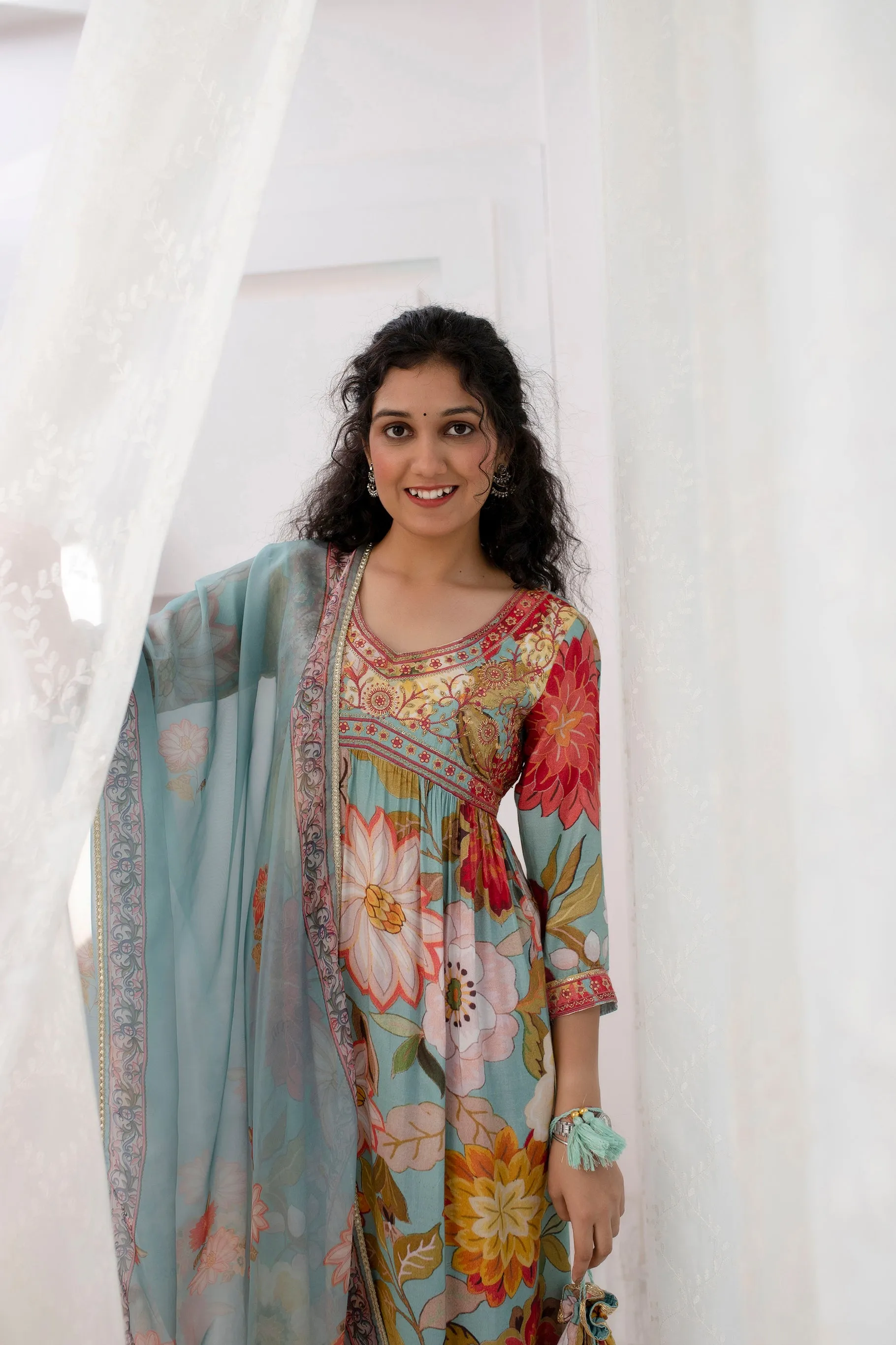 Womens Viscose Muslin Multicolor Alia Cut A-line Kurta Pant and Dupatta With Fancy Potli Set