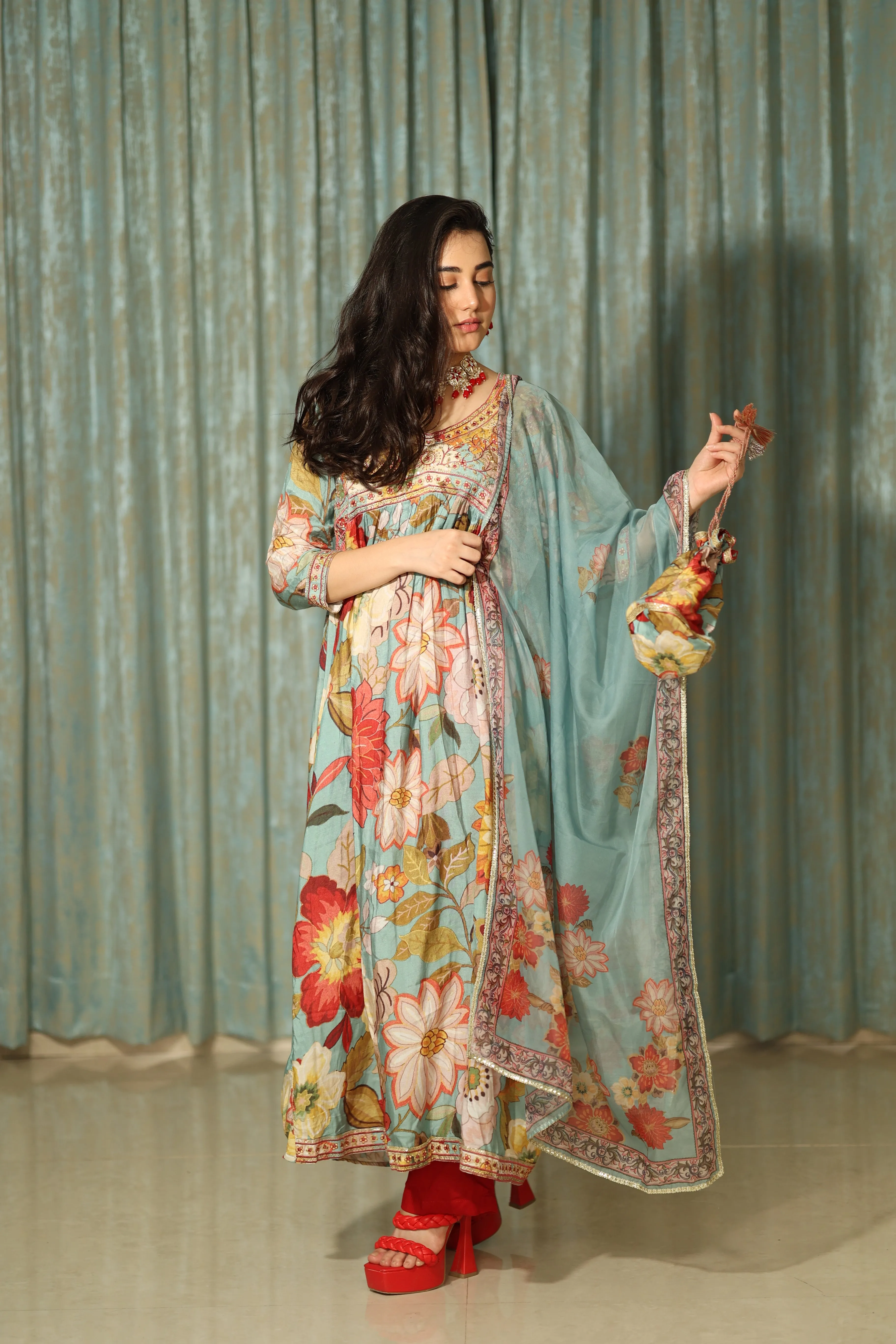 Womens Viscose Muslin Multicolor Alia Cut A-line Kurta Pant and Dupatta With Fancy Potli Set