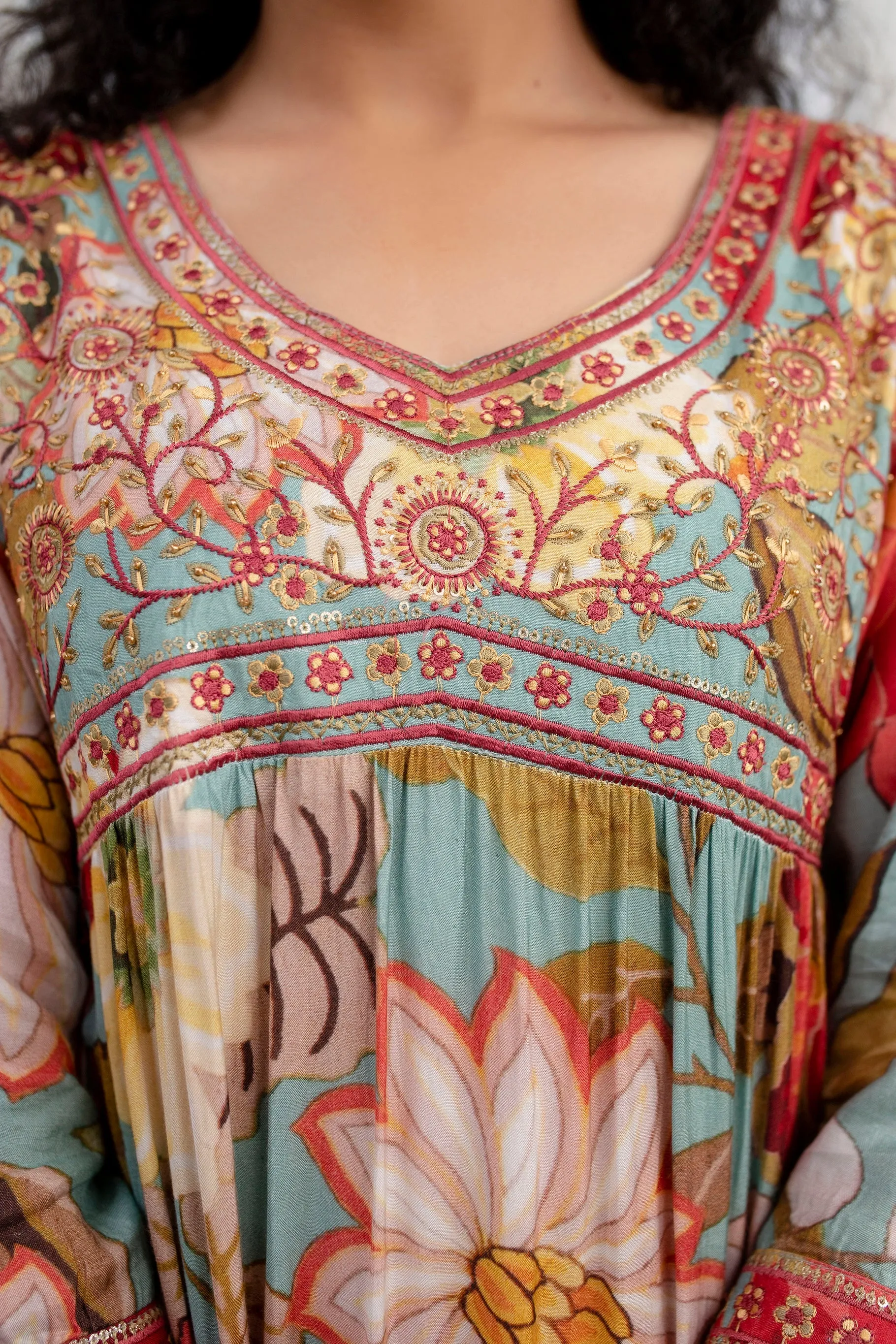 Womens Viscose Muslin Multicolor Alia Cut A-line Kurta Pant and Dupatta With Fancy Potli Set