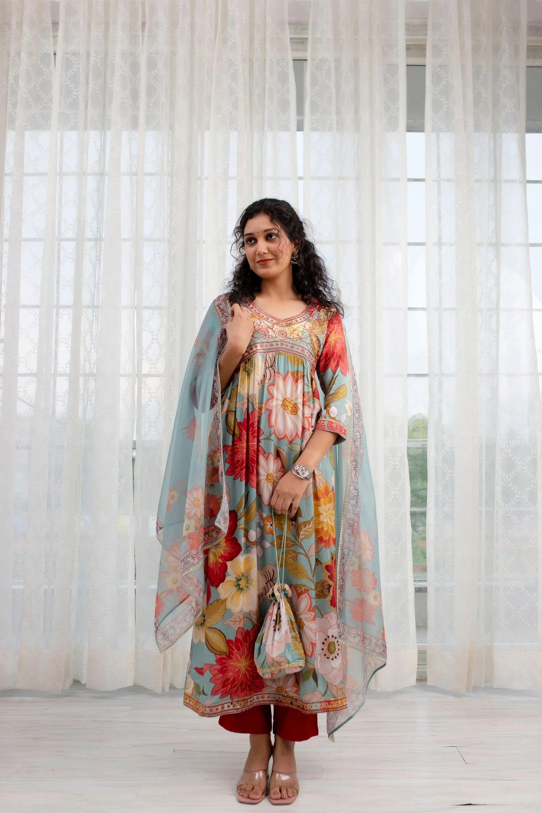 Womens Viscose Muslin Multicolor Alia Cut A-line Kurta Pant and Dupatta With Fancy Potli Set