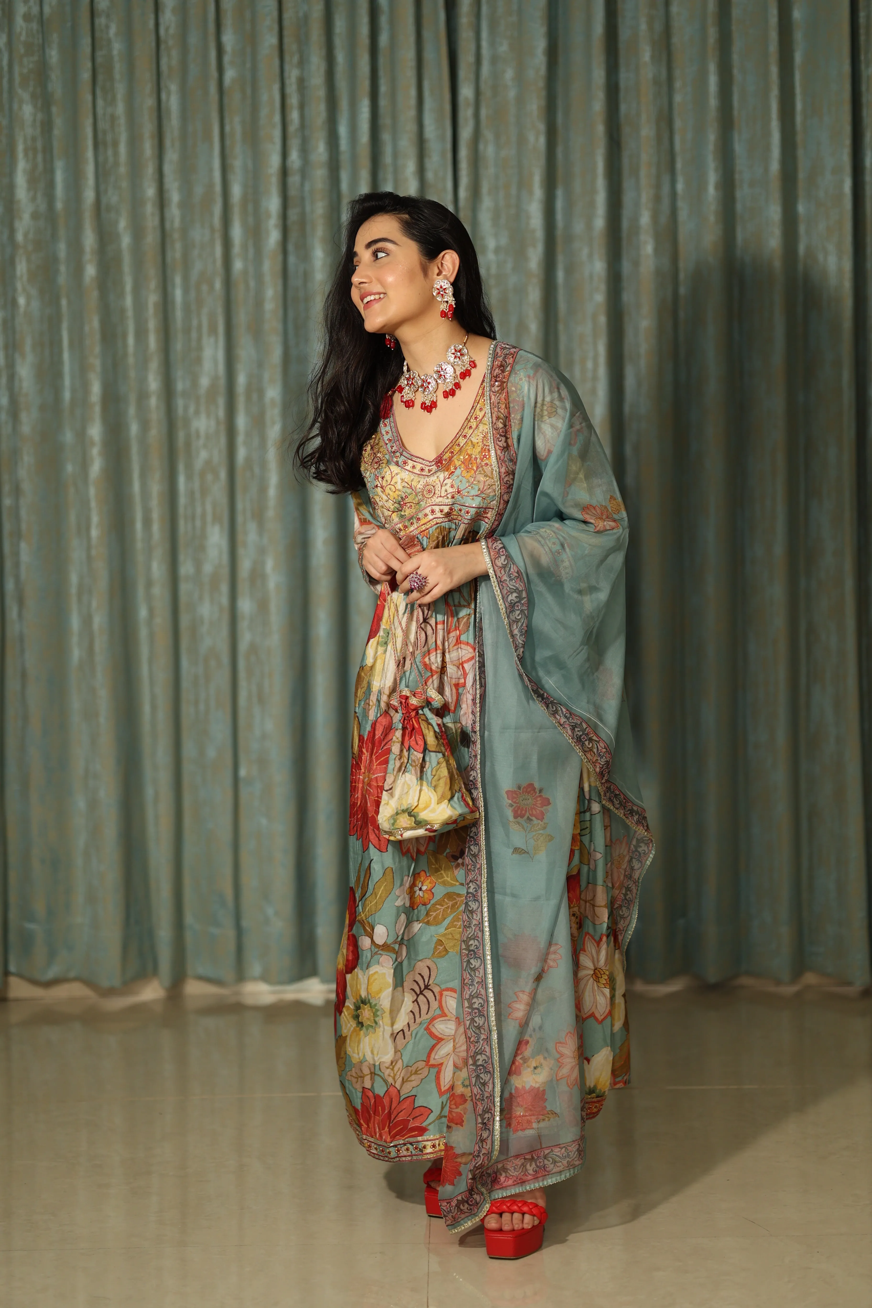 Womens Viscose Muslin Multicolor Alia Cut A-line Kurta Pant and Dupatta With Fancy Potli Set