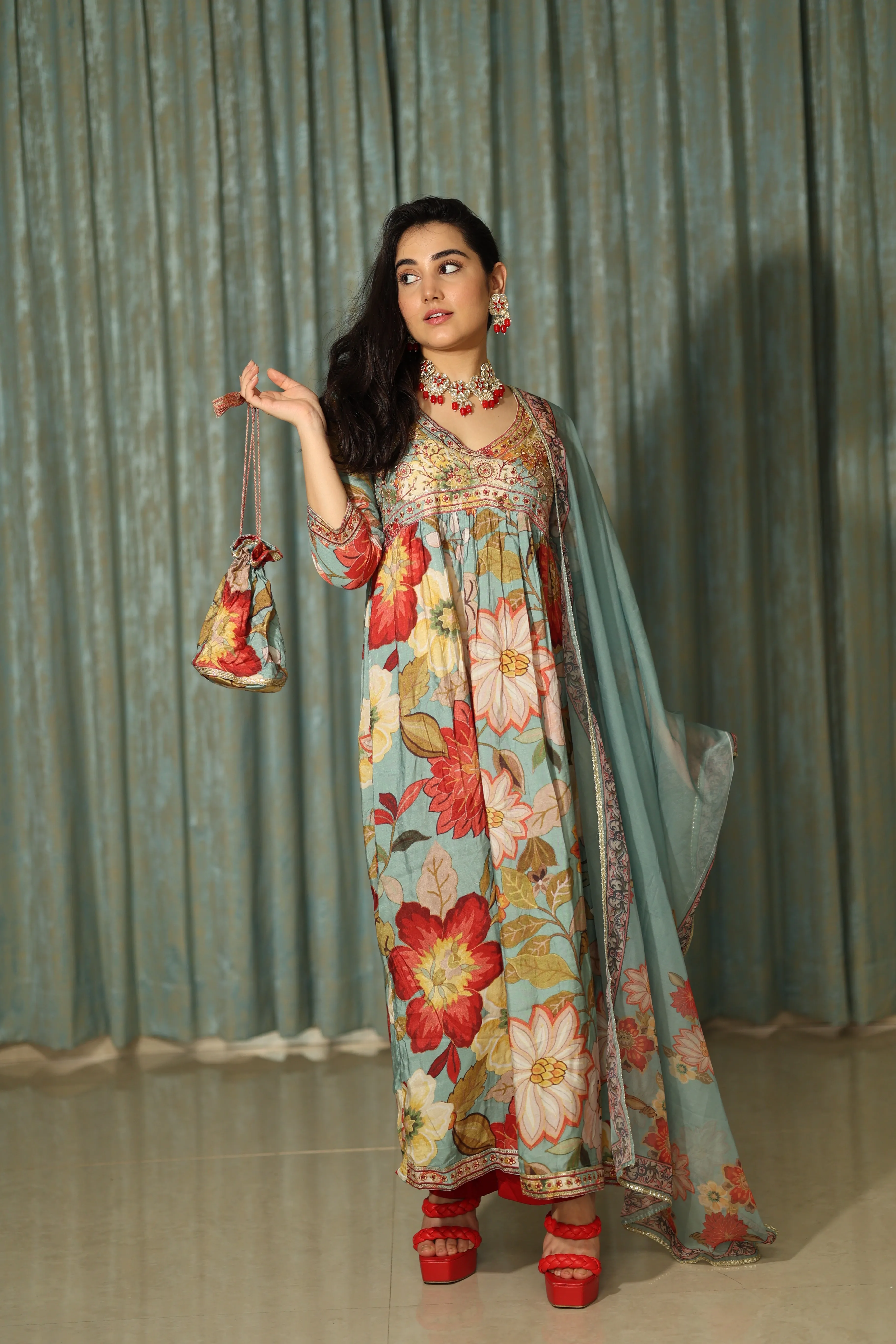Womens Viscose Muslin Multicolor Alia Cut A-line Kurta Pant and Dupatta With Fancy Potli Set
