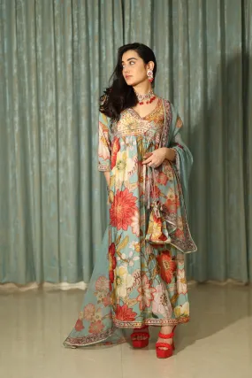 Womens Viscose Muslin Multicolor Alia Cut A-line Kurta Pant and Dupatta With Fancy Potli Set