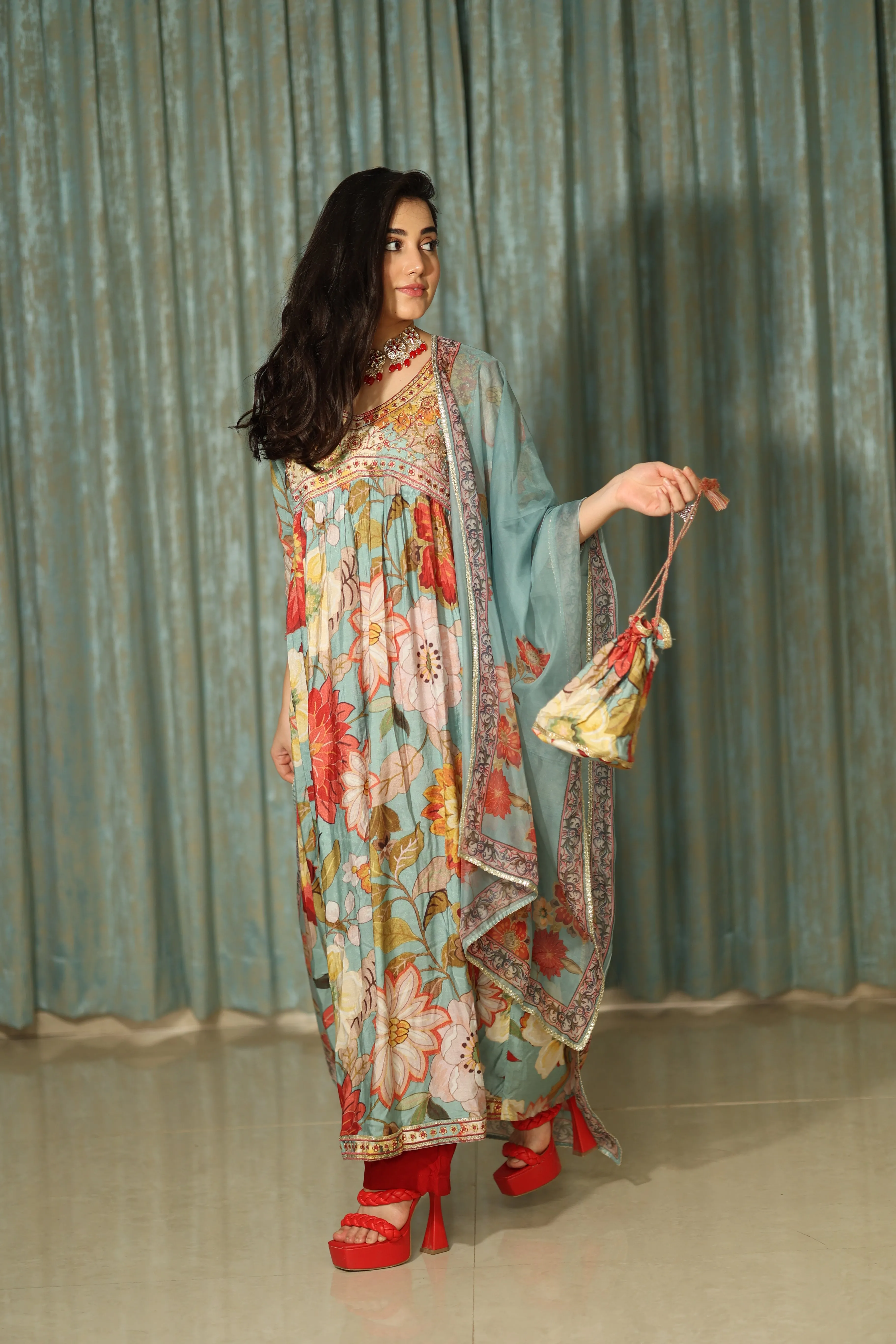 Womens Viscose Muslin Multicolor Alia Cut A-line Kurta Pant and Dupatta With Fancy Potli Set