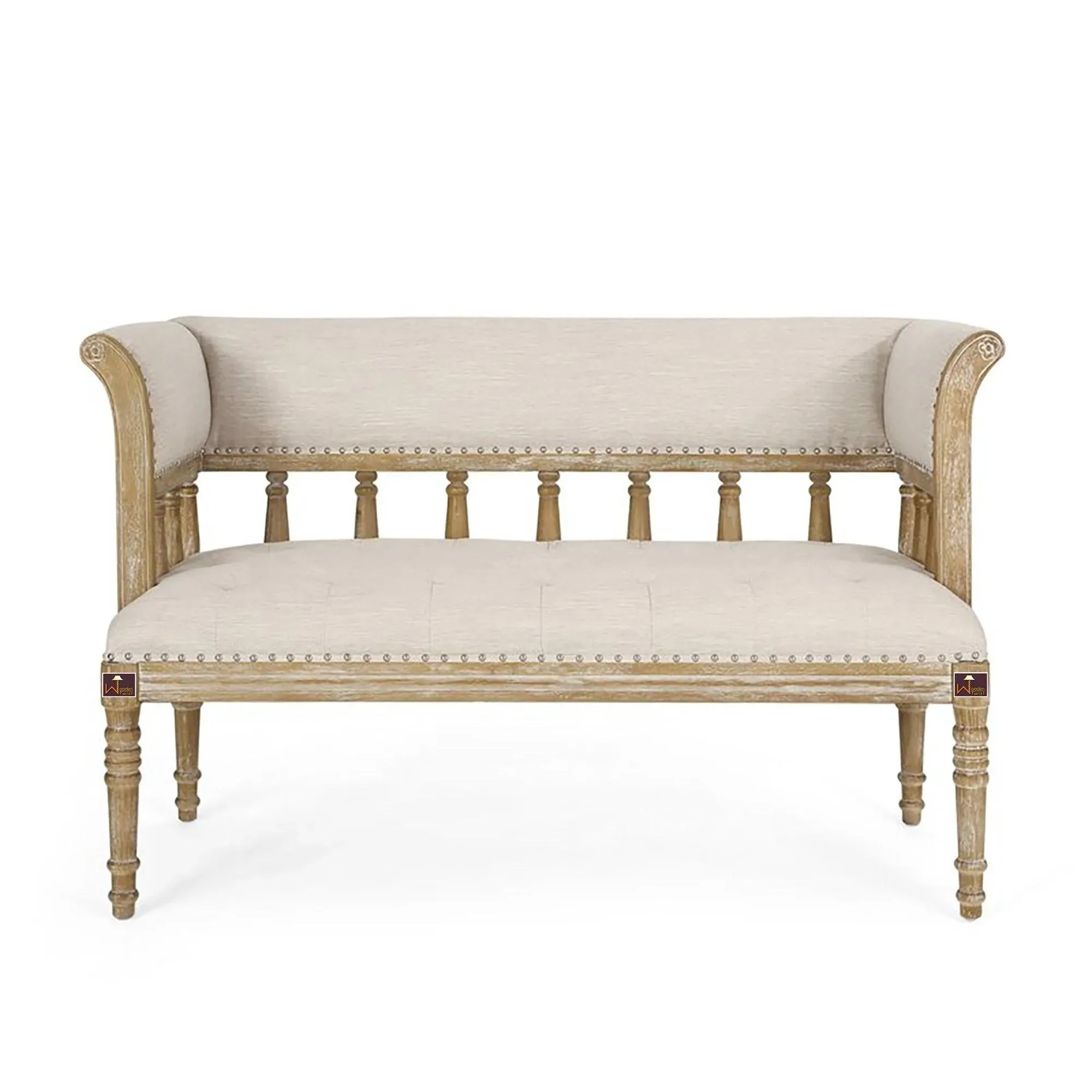 Wooden Twist Flared Arm Loveseat Bench for Living Room Comfort for Backrest (2 Seater, Beige)