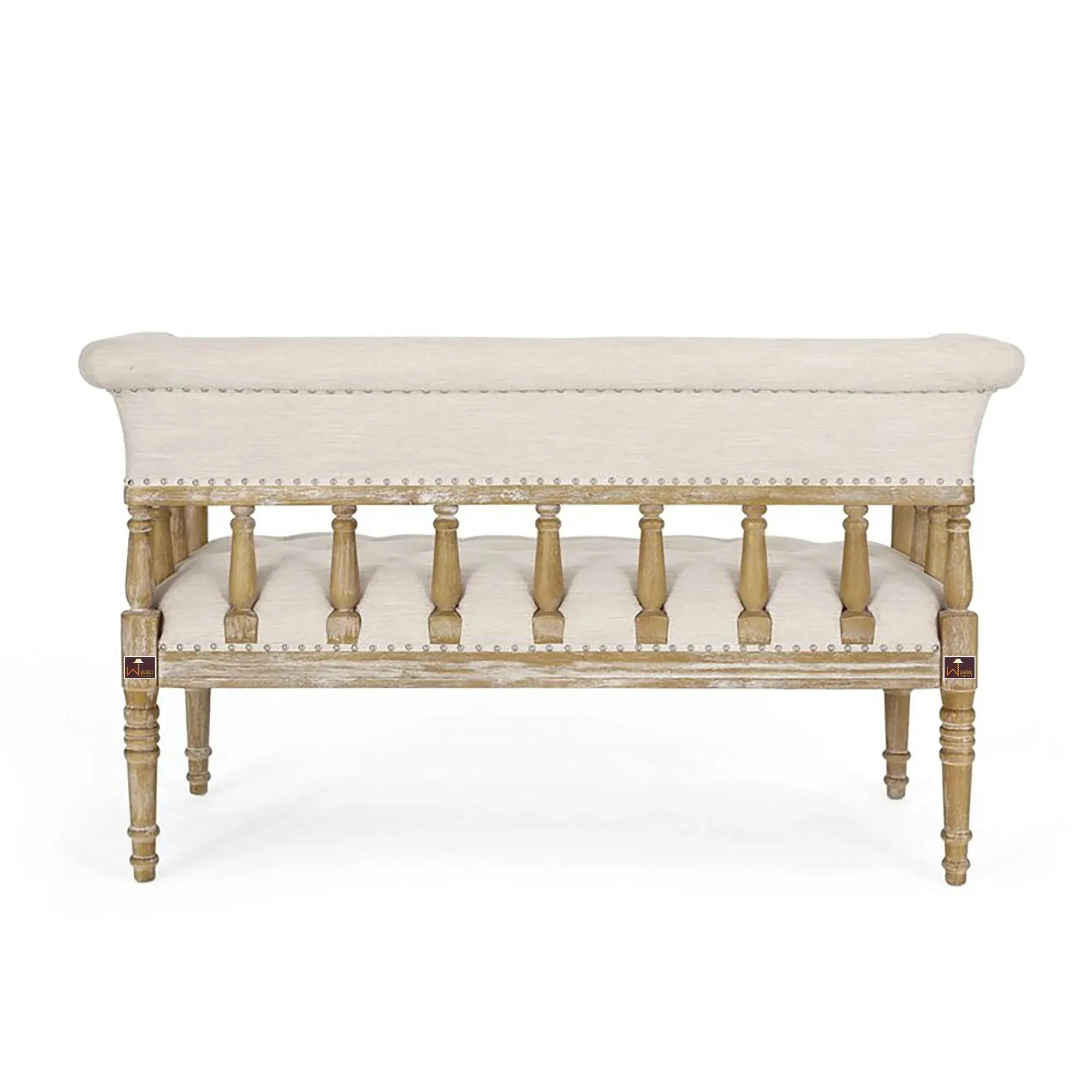 Wooden Twist Flared Arm Loveseat Bench for Living Room Comfort for Backrest (2 Seater, Beige)
