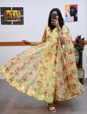 Yellow Anarkali Gown in Organza with Floral Print